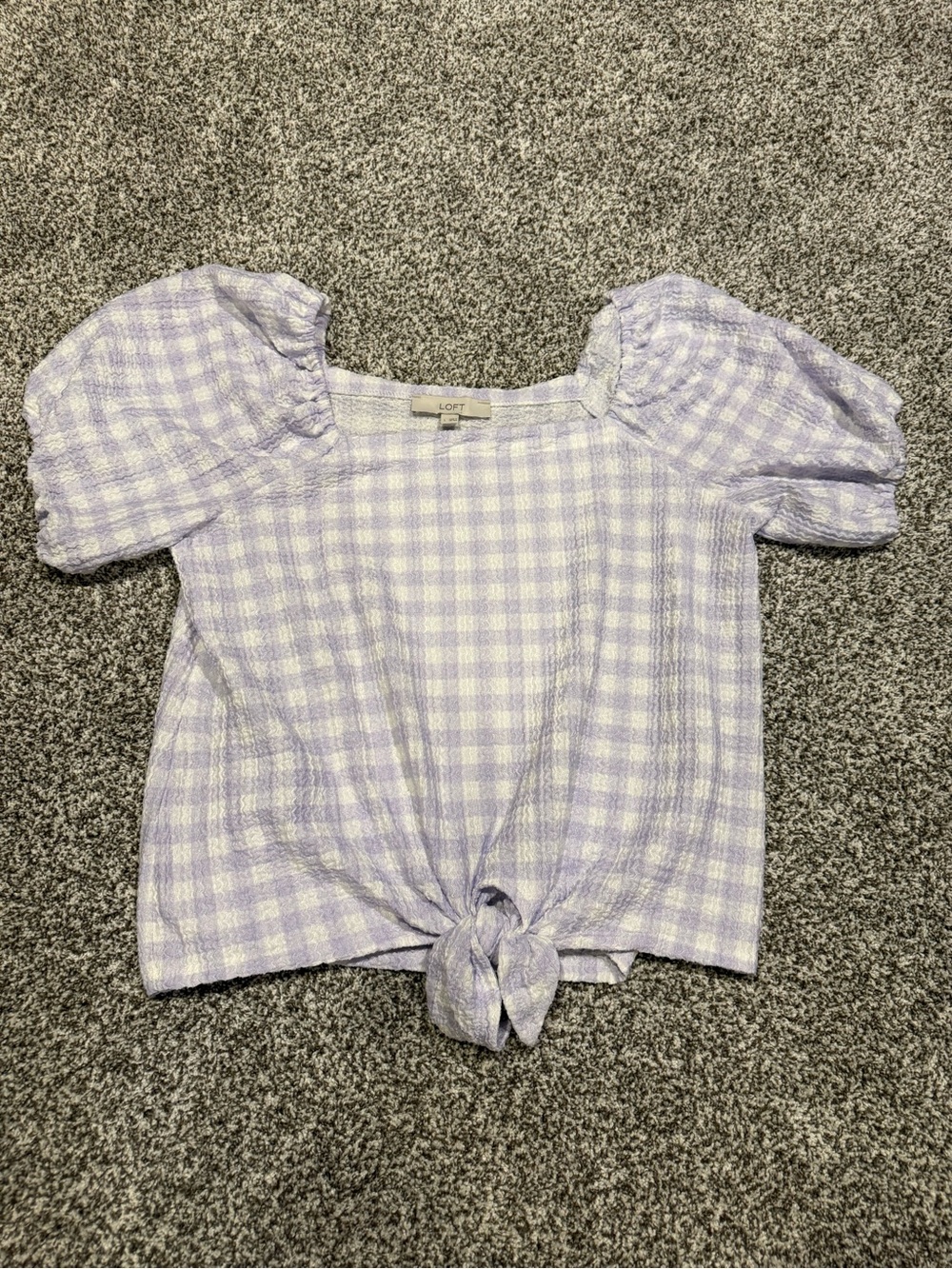 LOFT Lavender Gingham Puff-Sleeve Tie-Front Blouse